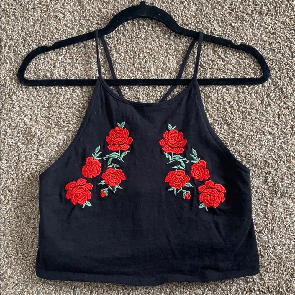 NWOT Embroidered Roses Black Crop Top